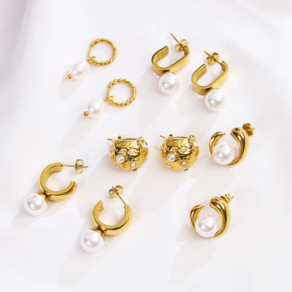 18K Gold Plated Stainless Steel Water Pearls Earrings Women's Trendy Stud Hoop Cuff Jewelry with Big Pearls