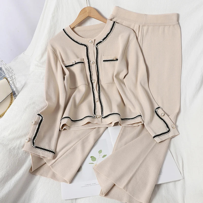 Hot Sale Autumn and Spring Korean Style Round Neck Pocket Cardigan Top New 2026 Wide Leg Pants Knitted Women's Sets