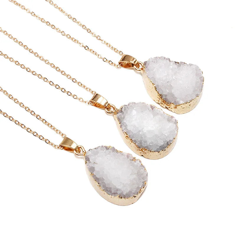 Natural Drop Pear Shaped White Crystal Pendant Natural Druzy Pendant Gold Plated Clear Quartz Necklace