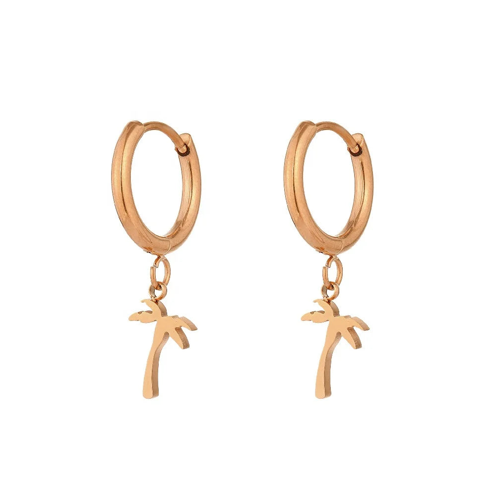 Ocean Jewelry Stainless Steel Aloha Coconut Palm Tree Drop Earrings Trendy Hoop Design Great Gift Idea for Beach Girls