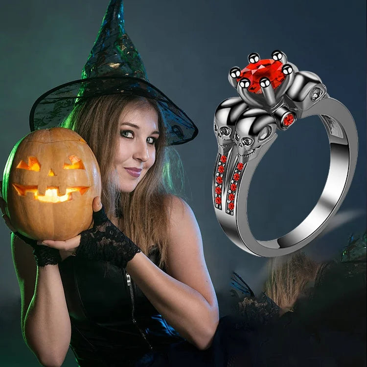 Hot Sale Personality Gothic Black Skull Rings Punk Vintage Ruby Aaa Zircon Rings for Women Fashion Anti Tarnish Jewelry
