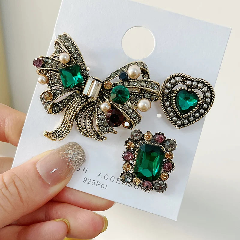 Fashion Women 3 Pcs/Set Pearl Heart Brooch Pin Bling Green Diamond Rhinestones Bow Tie Brooch Set