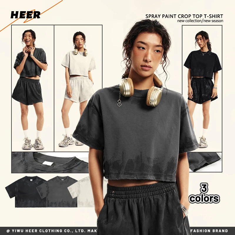 Summer Round Neck Short Sleeve Shirt Crop Top Custom Cropped Vintage Washed Distressed Women T-shirt