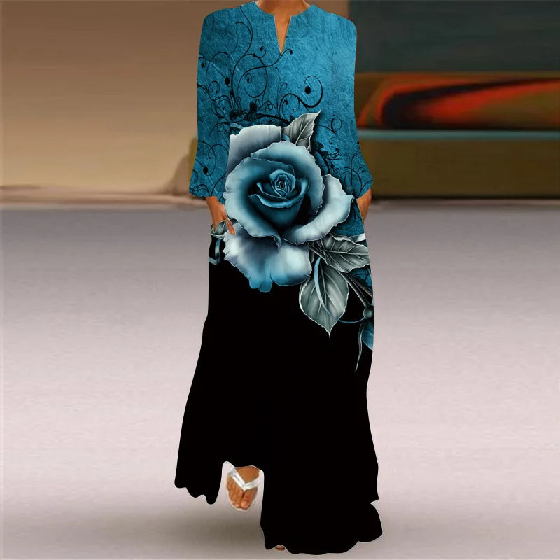 Women's Floral Printed Party Dress Summer Vintage V-Neck Long Dresses Female Casual Beach Maxi Dress Evening Vestidos