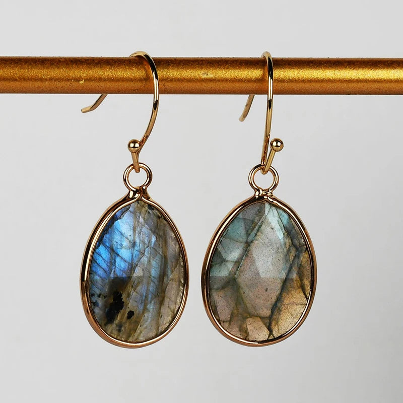 Wholesale Gold Plated Oval Labradorite Faceted Tassels Dangle Earrings Vintage Gemstone  Earrings