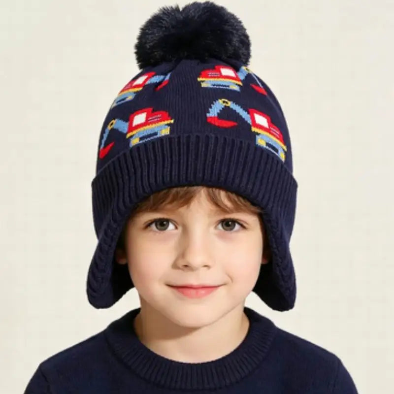 Hight Quality Winter Kids Boy Hat Beanie Earflap Warm Fleece Lined Jacquard Excavator Hats for Age 3-8years