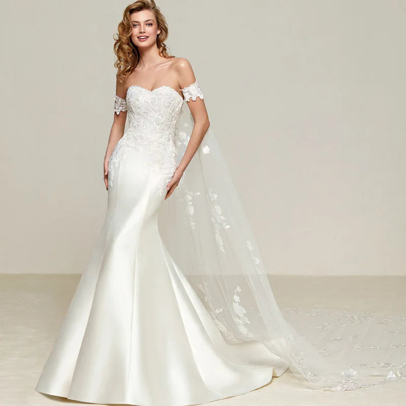 Elegant Mermaid Satin With Lace Appliques Straps Bride Dress Bridal Gown Wedding Dresses