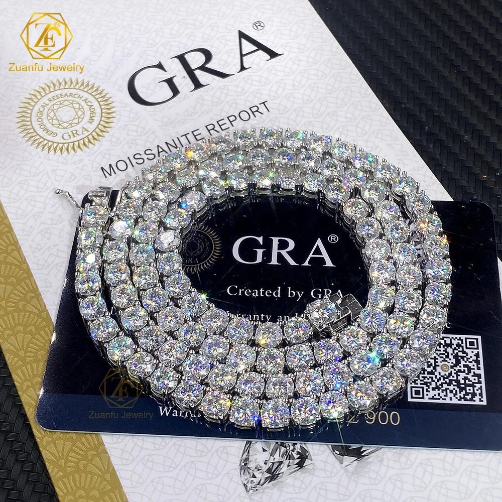 Hip Hop Jewelry Hand Setting 925 Sterling Silver VVS Moissanite Lab Diamond Bling Iced Out Tennis Chains Necklace