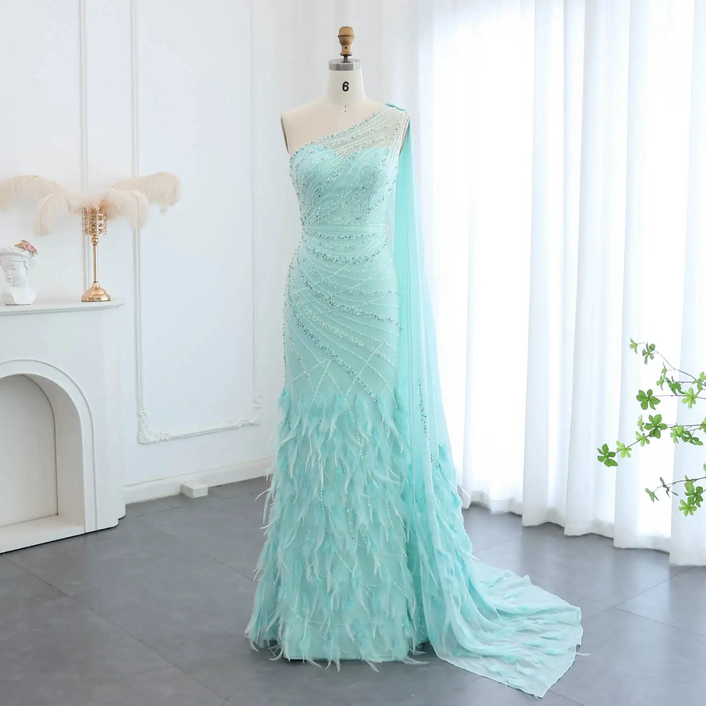 Luxury Feather Turquoise Aqua One Shoulder Mermaid Evening Dress With Cape Train Long Prom Wedding Party Gowns SZ498
