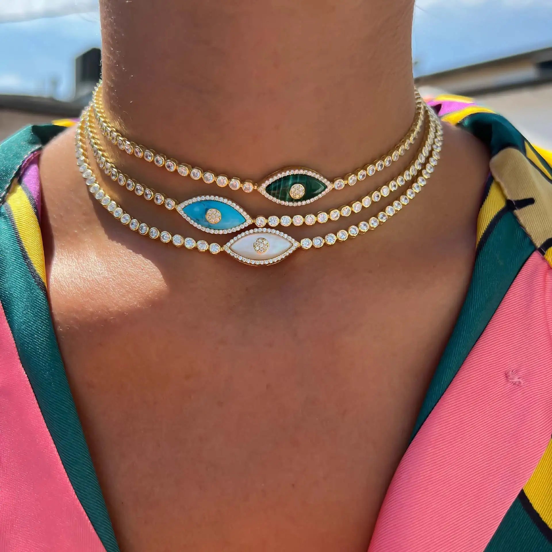 LC20260175 Wholesale Fashion Women Men Gold Plated Brass Lucky Zircon Turkish Devil Evil Eye Pendant Chain Necklace