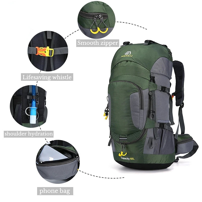 Unisex 60L Travel Backpack Large Capacity Waterproof Trekking for Outdoor Camping Customized Fashion Style