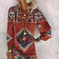 2026 Summer Woman's Aztec Printed Midi Long Vestidos Feminino Three Quarter Sleeve V Neck Dress Lace Decoration Natural