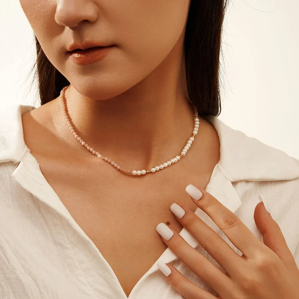 RINNTIN GMN52 Trendy Design Gold Plated Natural Gemstone Pink Opal Beads Shell Pearl Beaded Necklace for Women Jewelry