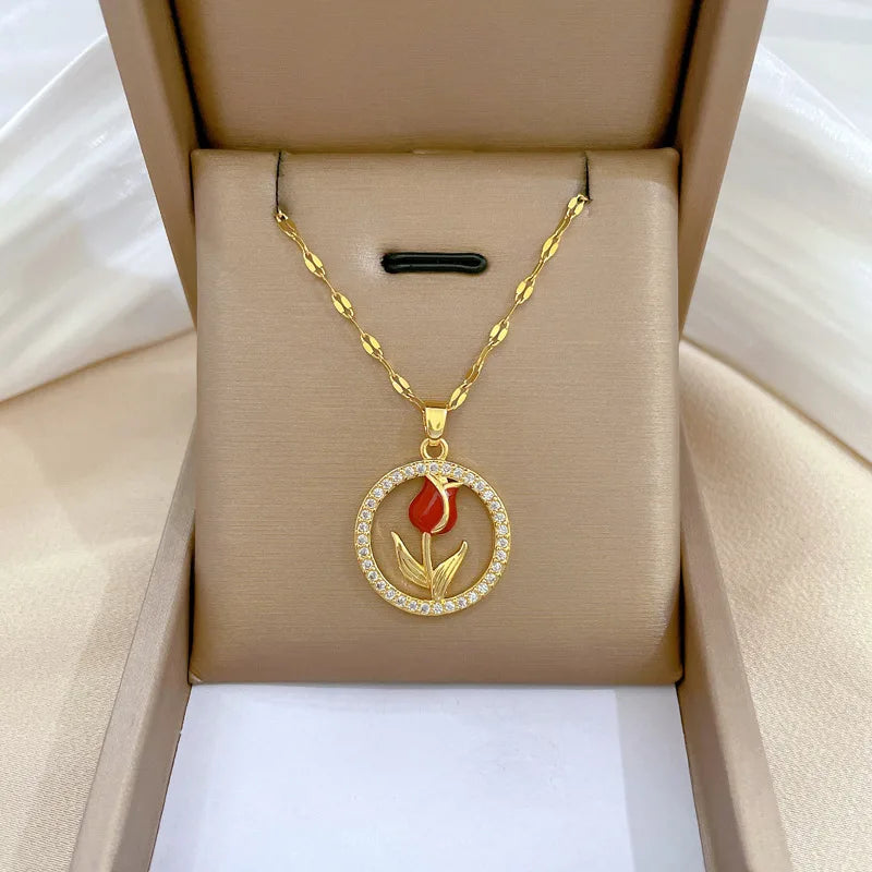 8g  Rose-tulip Hollow Ring Pendant Stainless Steel Necklace for Women and Girls