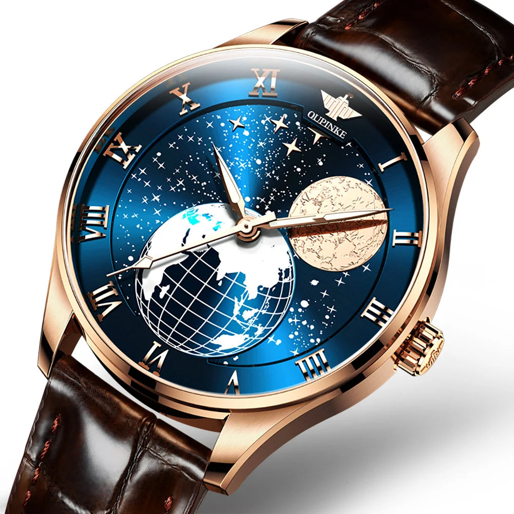 OUPINKE 3177 OEM Custom Fashion Classic Waterproof Moon Luxury Luminous Leather Oem Brand Hands Wristwatches Wrist Mens Watch