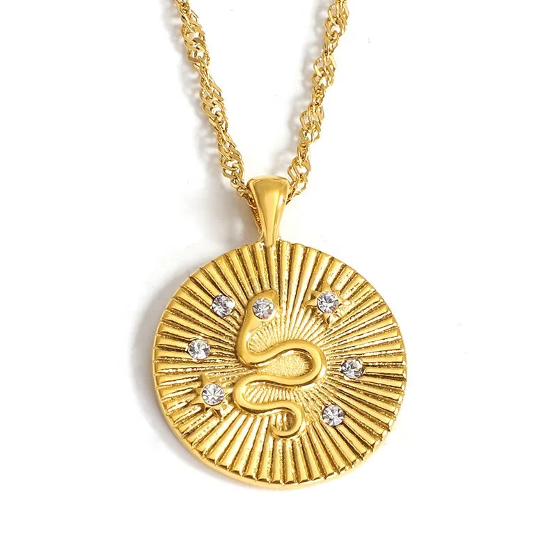 Waterproof Jewelry 18K Gold Plated Stainless Steel Zircon Sunburst Snake Signet Totem Pendant Necklace for Women