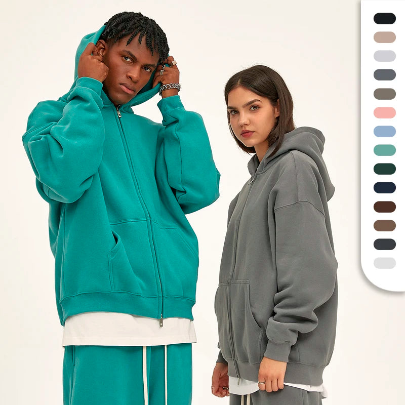 Unisex Streetwear Zip up Hoodie With Custom Logo Two Ways Zipper 350gsm Cotton Fleeced Full Zip Hoodies
