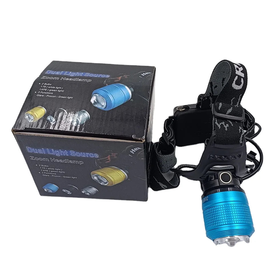 New Outdoor Aluminum Zoom Dual Light Source IP65 4Modes 2*18650 Lithium Ion Rechargeable LED Headlamp for Camping Hiking Fishing