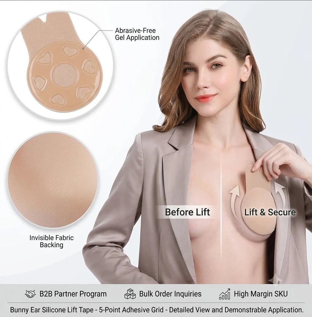 OEM Waterproof Bunny Ear Silicone Lift Nipple Covers Reusable Invisible Adhesive Breast Tape Bra Pad for Dress Bulk Wholesale
