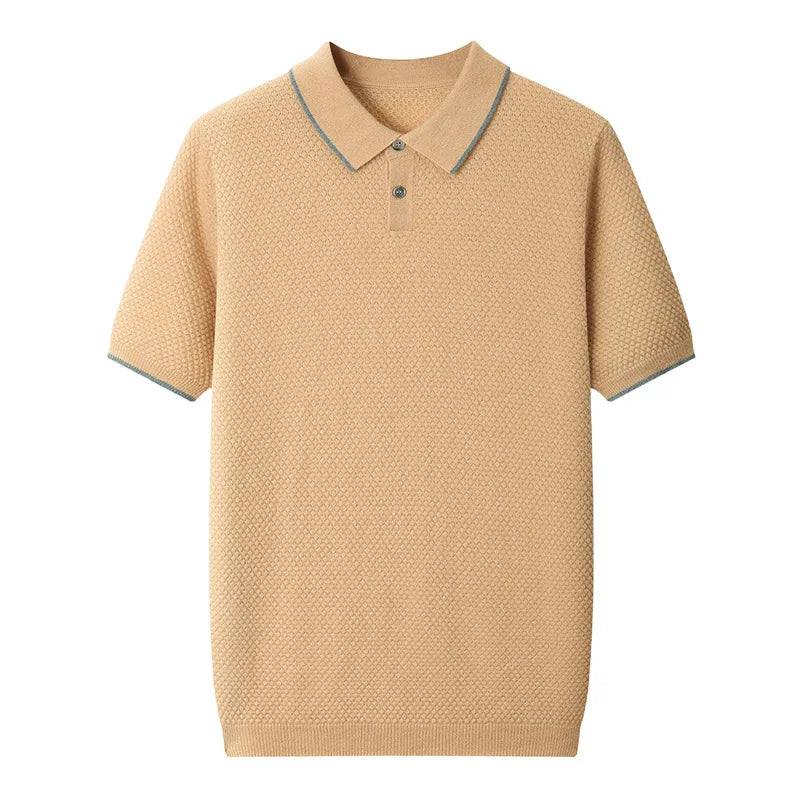 Wholesale Patchwork Polo Collar Men t Shirt Knitted Short Sleeves Sweater