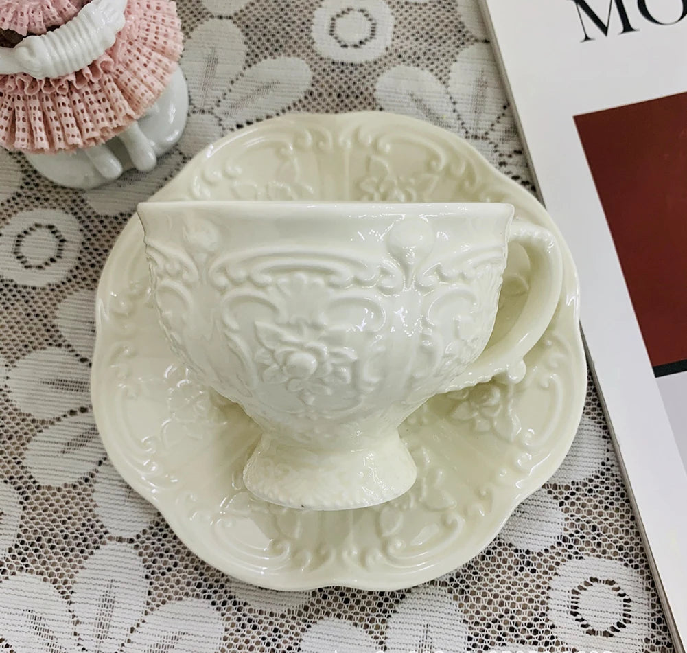 Qian Hu 2022 New Retro Royal Embossed White British Afternoon Tea Set Porcelain Coffee Cup Saucer Teapot Ceramic Dish Plate
