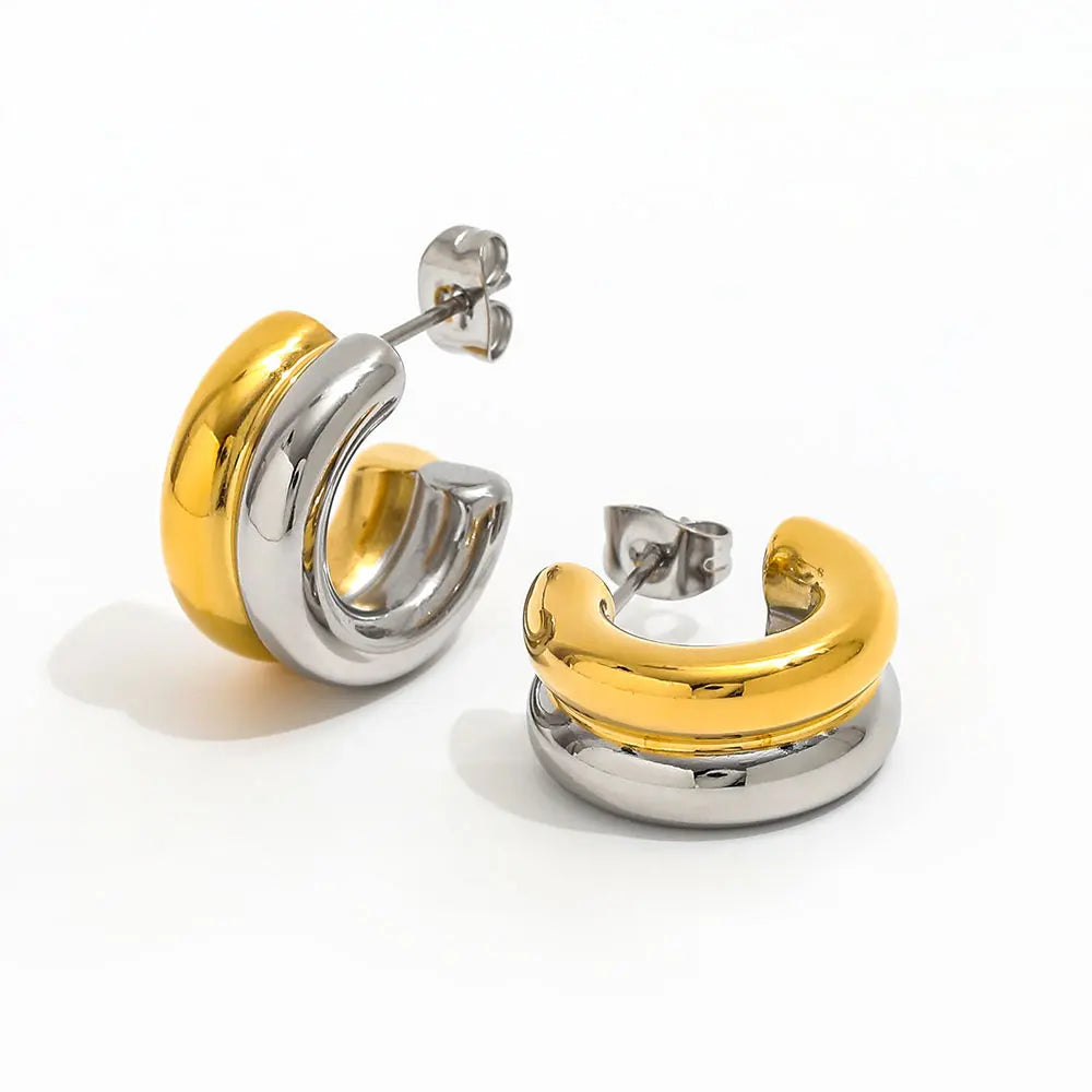 Trendy Earring 18K Gold Plated Gold & Silver Two-tone Double-layer Simple C Hoop Earring Stainless Steel Jewelry Wholesale