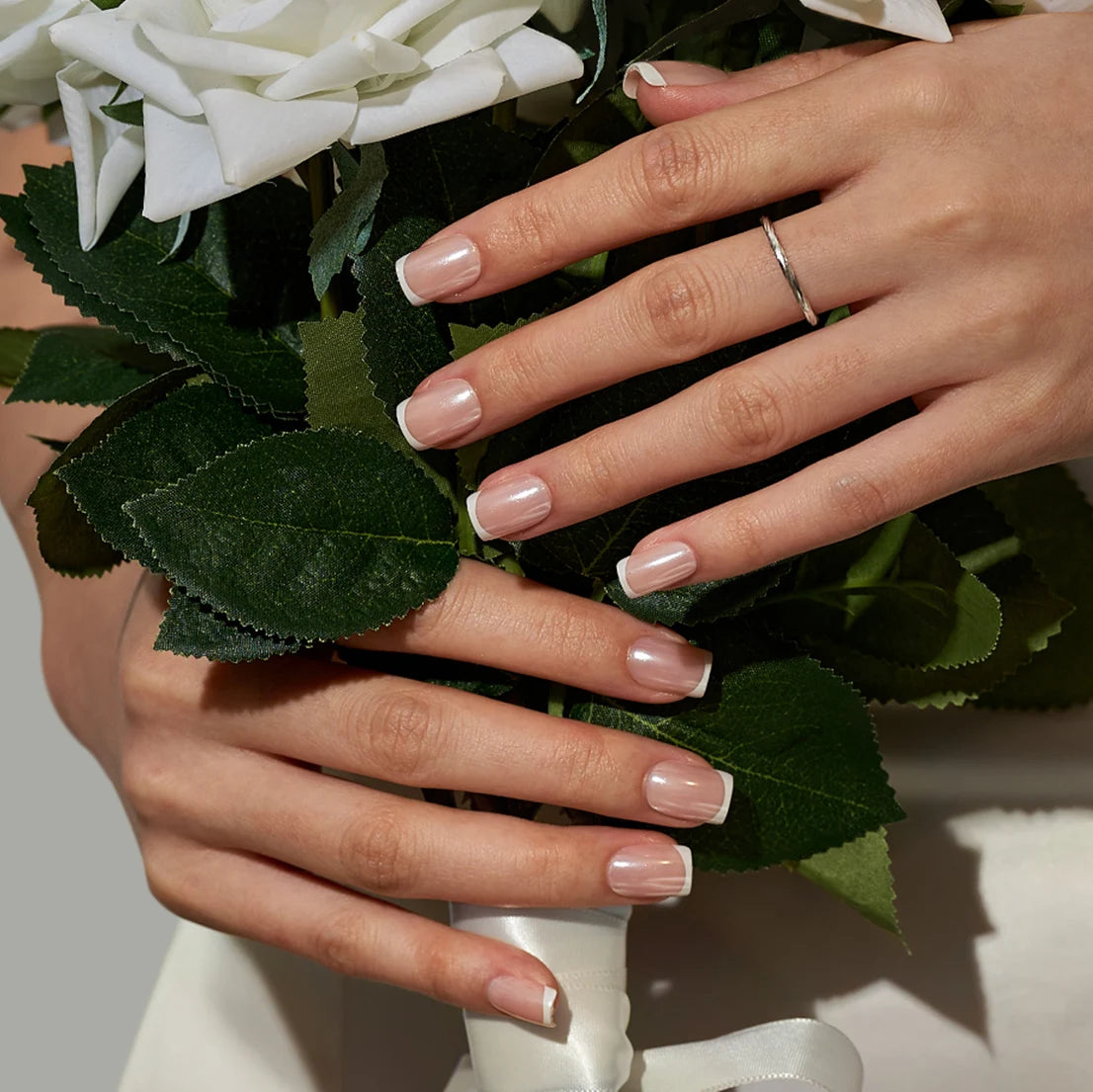 BTARTBOX Soft Gel Reusable False Fake Nails Set With Glue Wholesale Short Square Chrome French Tip Premium Press on Nails En Gel