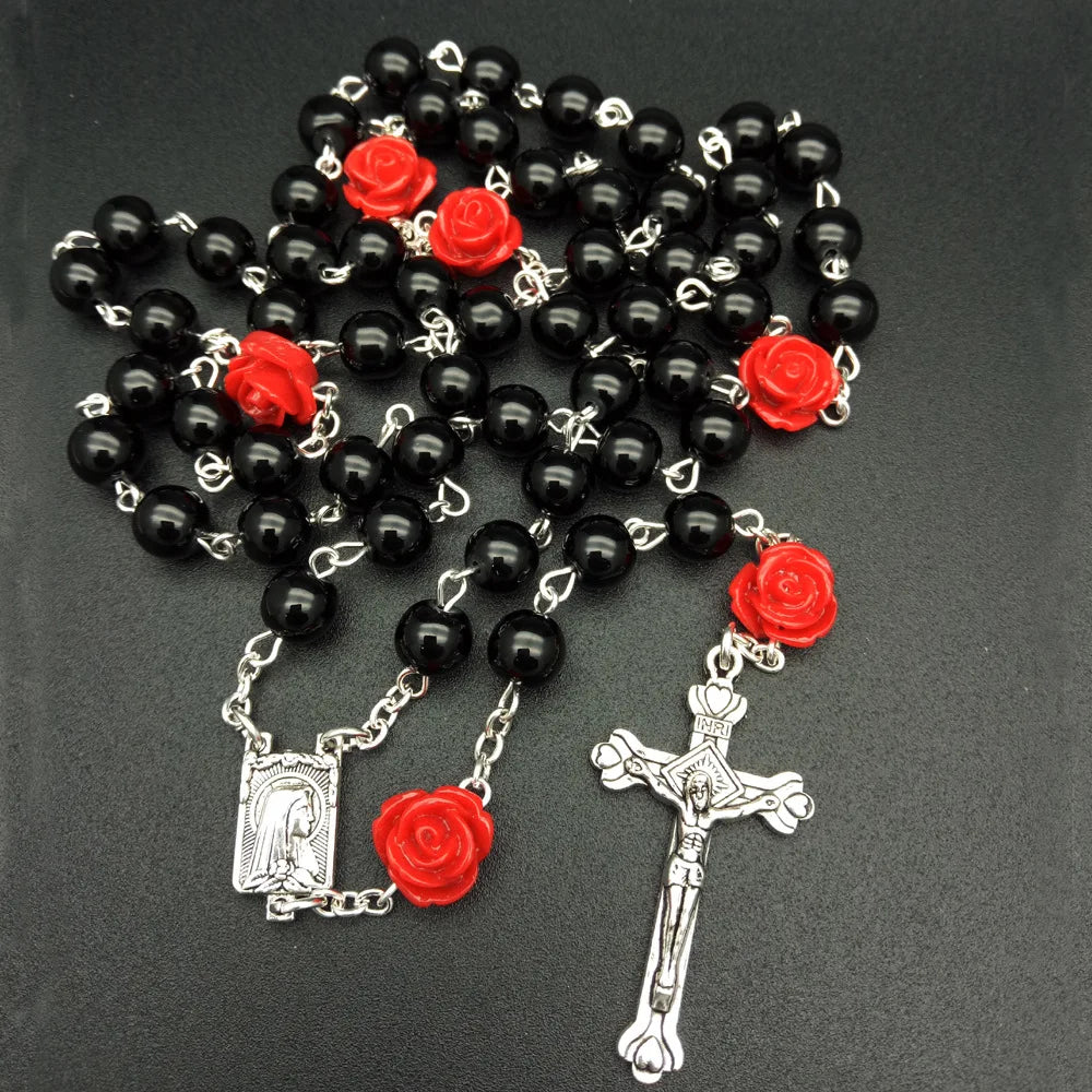 Fashion Hot Sale  Muslim Rose Glass Pearl Rosary Beads Necklace Alloy Cross Pendant Necklace