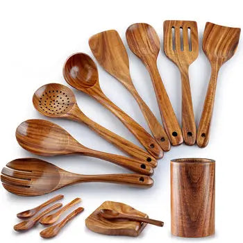 Factory Custom 15 Piece Teak Wooden Spoons for Cooking Kitchen Cooking Utensils Set Wooden Spatula Slotted Pasta Spoon