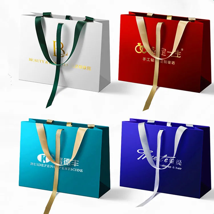 Ribbon Handle Gift Bags Packaging Boutique Shopping Luxury Paper Bag Your Own Logo Custom Paper Bags