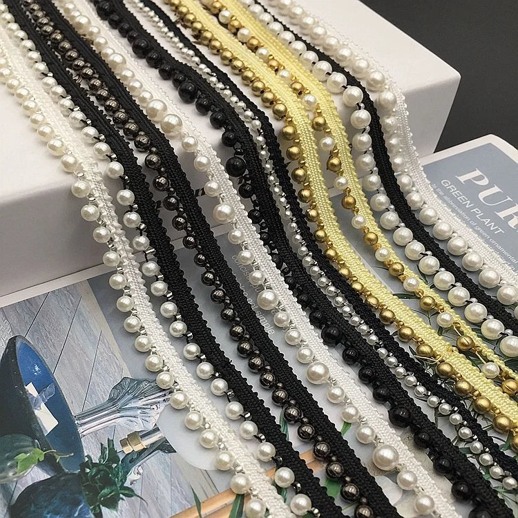 Garment DIY Accessories 4mm 6mm 8mm Pearls Beaded Lace Trimming LT2478B