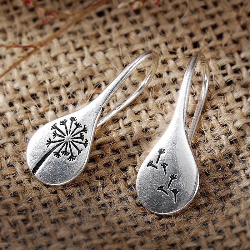 Huitan Refine Vintage Dandelion Carved Drop Earring Ethnic Ancient Silver for Women Pendant Earrings Fashion
