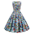 All Over Flower Print Sleeveless Retro Swing Skirt 70s Lady Vintage Dress