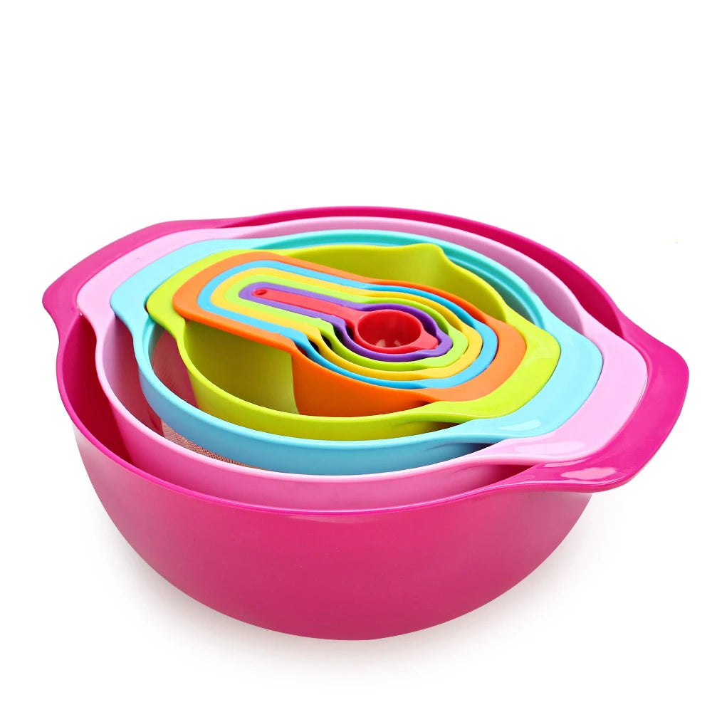 Kitchen Cooking Rainbow Stackable Nested Plastic Set of 10 Sieve Colander Mesh Strainer Measuring Cup Spoons Mixing Bowl