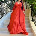 Women Long Pleated A-line Dress V-neck Long Sleeve High Waist Evening Party Dress Spring Autumn Lady Elegant Floor Dress