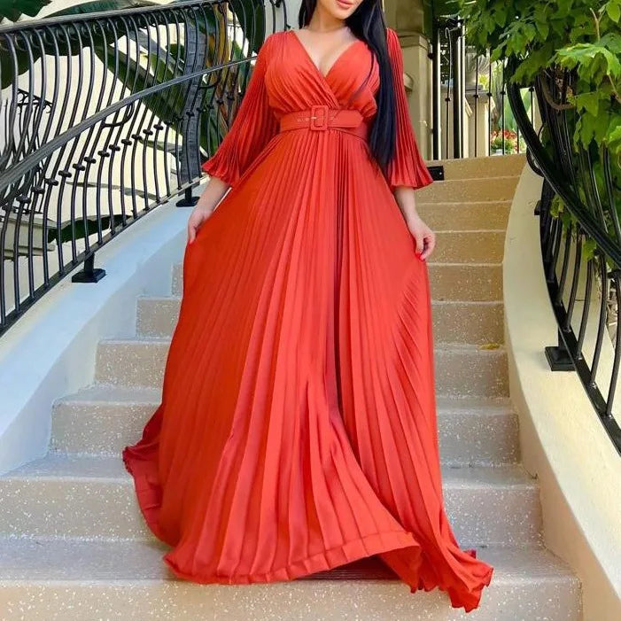 Women Long Pleated A-line Dress V-neck Long Sleeve High Waist Evening Party Dress Spring Autumn Lady Elegant Floor Dress