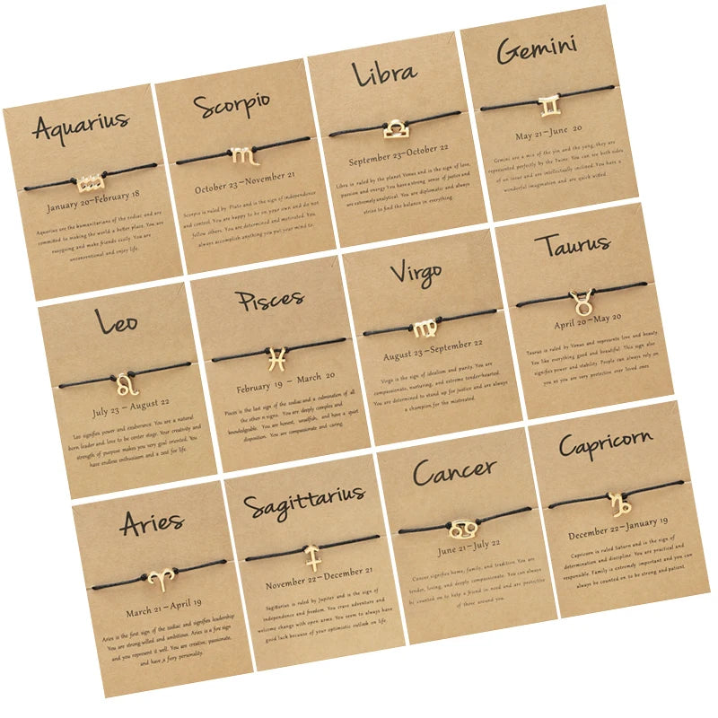 European and American Adjustable Black Rope 12 Zodiac Bracelet Card Bracelet Gifts for Women