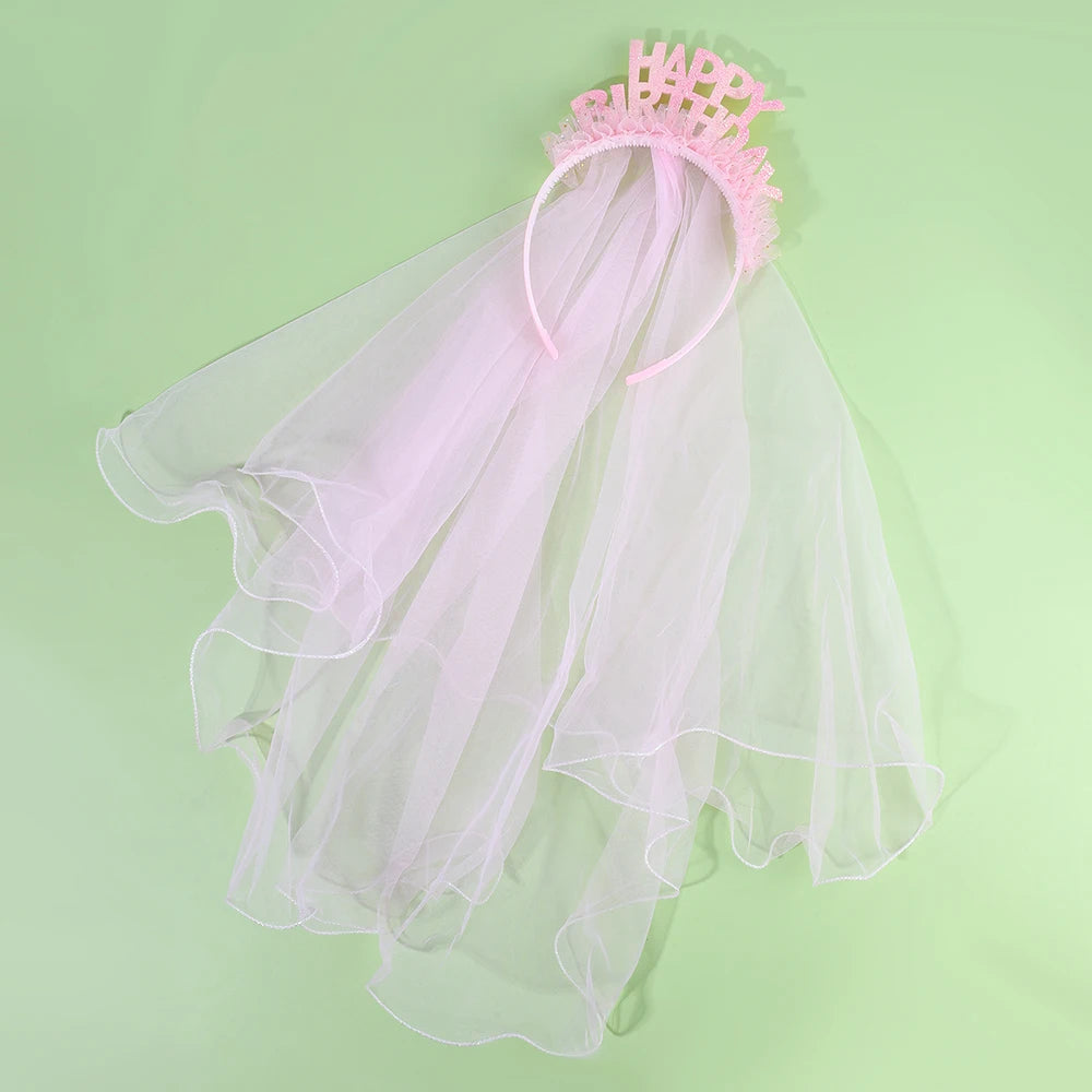 CN Princess Fashion Sweet Solid Color 2 Colors Polyester Mesh Glitter Hairband 5.3Inch Happy Birthday Girls Party Accessories