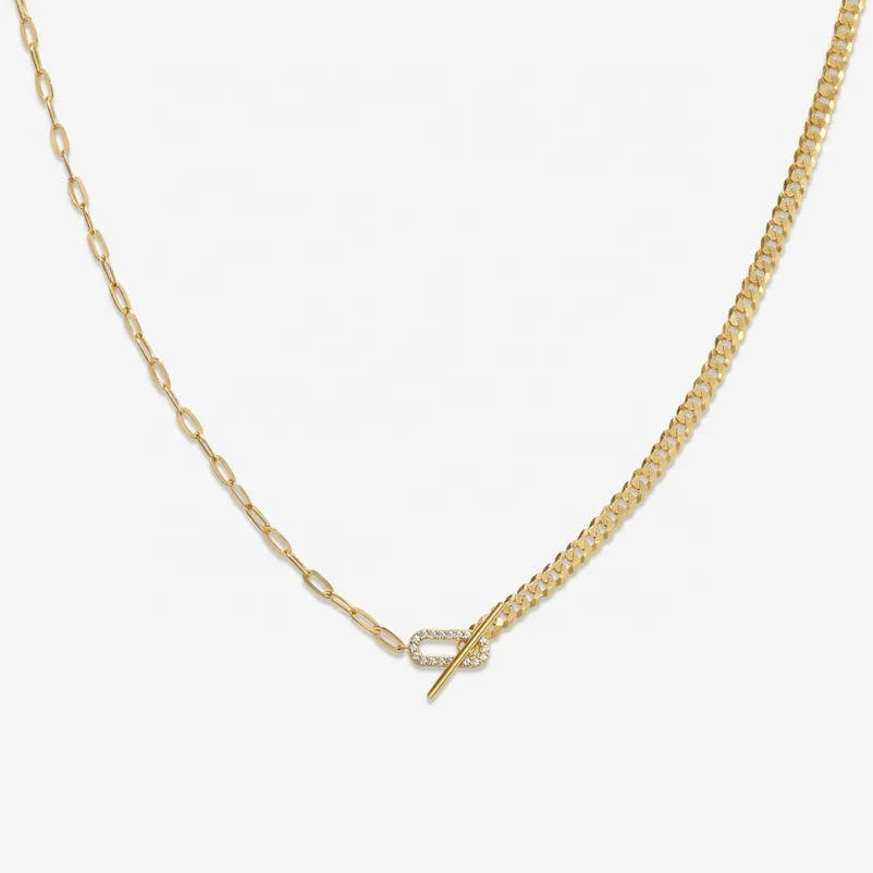 LOZRUNVE 925 Sterling Silver Pave CZ Rectangle Paperclip Chain Curb Necklace