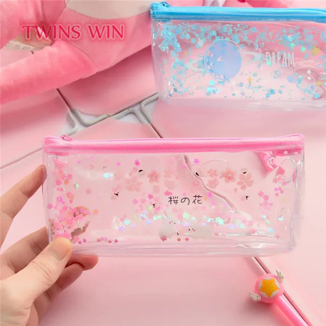Popular Flowing Sand Pencil case Korean Pvc Pen Bag for Girl 1303