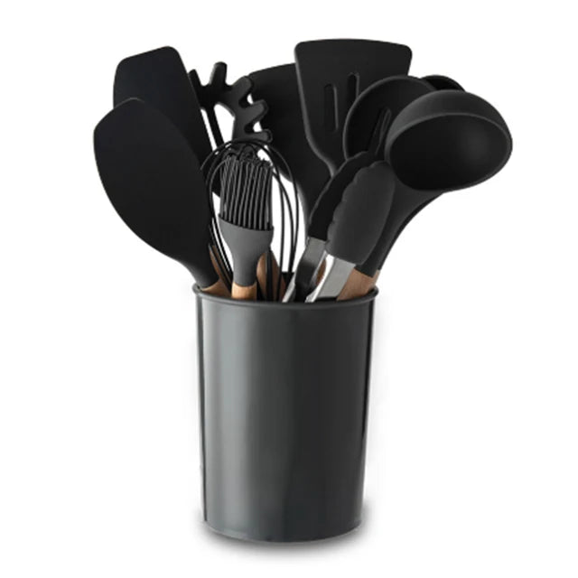 Hot Sale Black Color Wooden Handle Utensils Household Silicone Kitchen Accessories Kitchenware Durable Cooking Tools Set