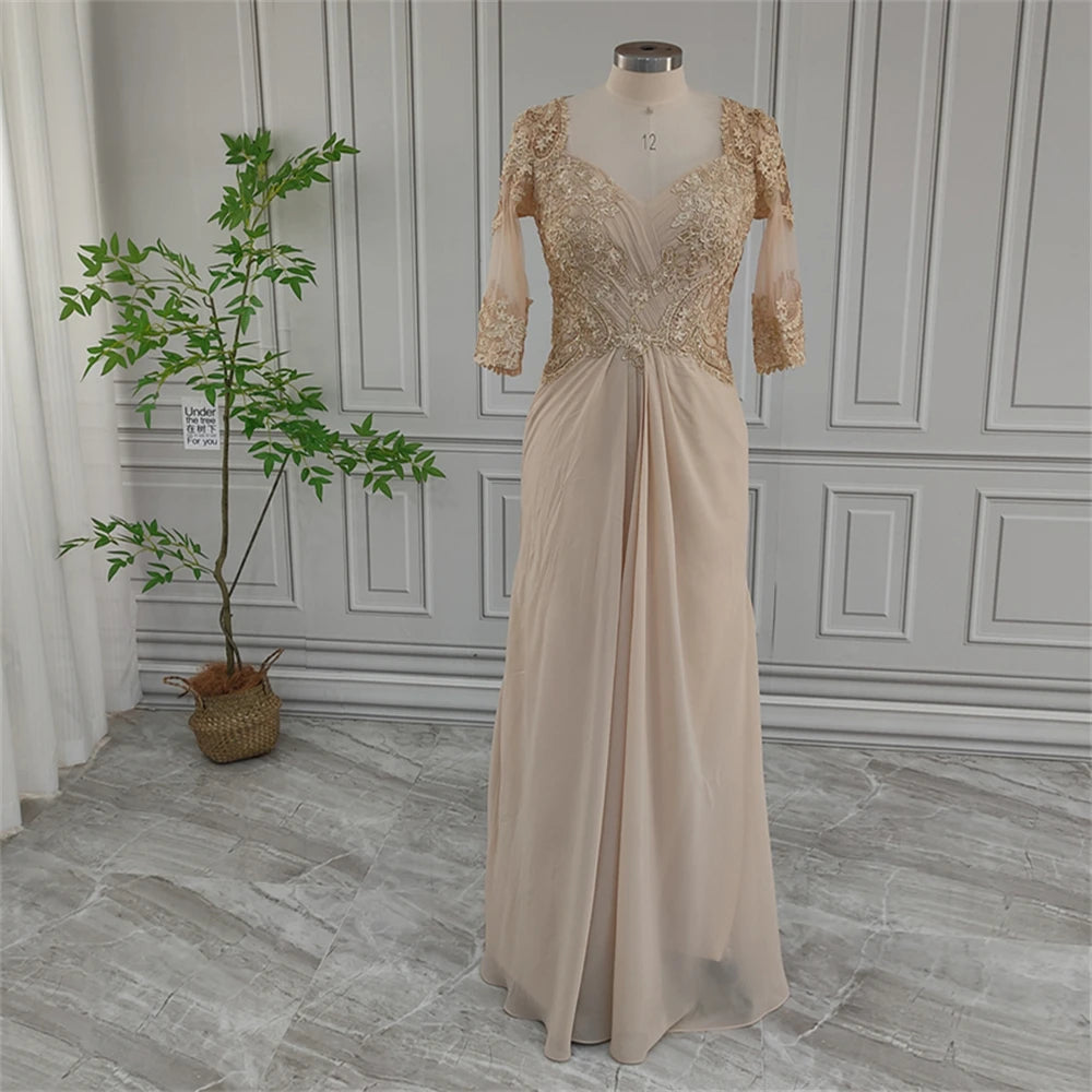 Real Photos Beaded Sequined Appliques Mother of Bride Dress for Wedding Elegant Chiffon Evening Gown for Women 15952