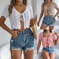 2026 Women's Crochet Tie Front Knit Crop Cardigan Short Sleeve Hollow Out Knit Top Beach Cover up