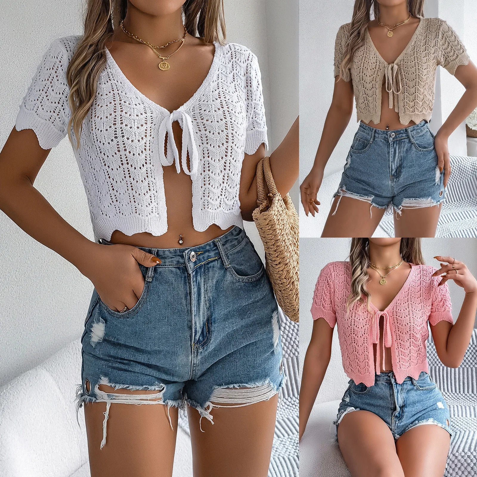 2026 Women's Crochet Tie Front Knit Crop Cardigan Short Sleeve Hollow Out Knit Top Beach Cover up
