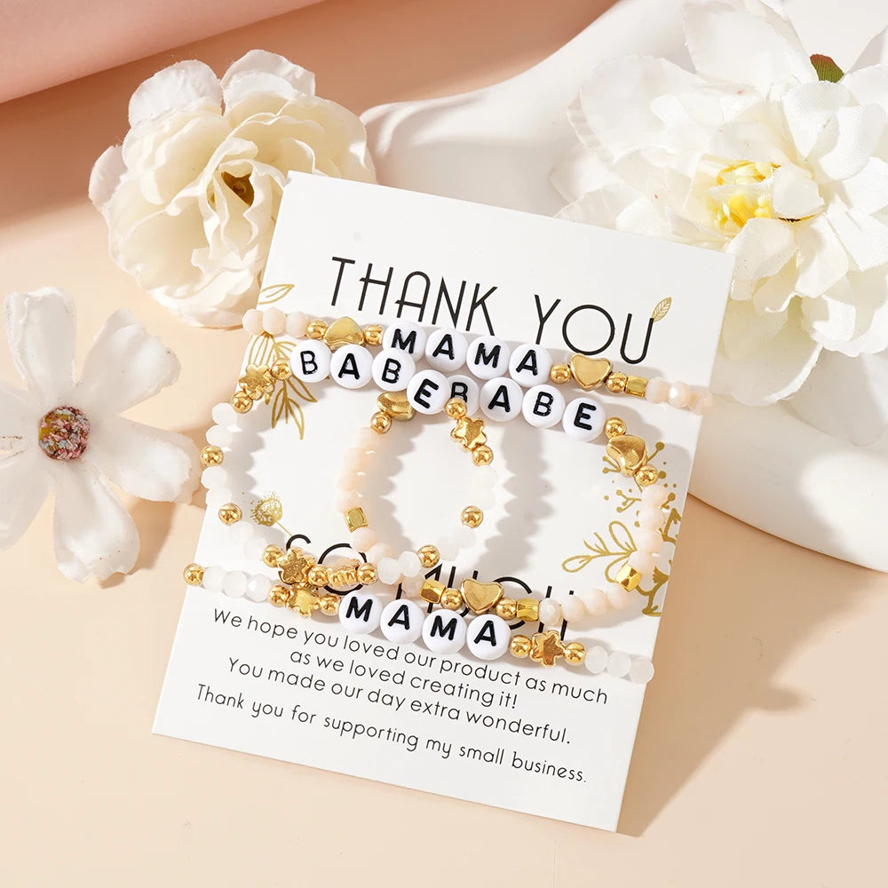 Go2boho Custom Name Beaded Bracelet Set MAMA BABE Bohemian Stretch Pearl Jewelry for Anniversaries Mother's Day Gifts Letter