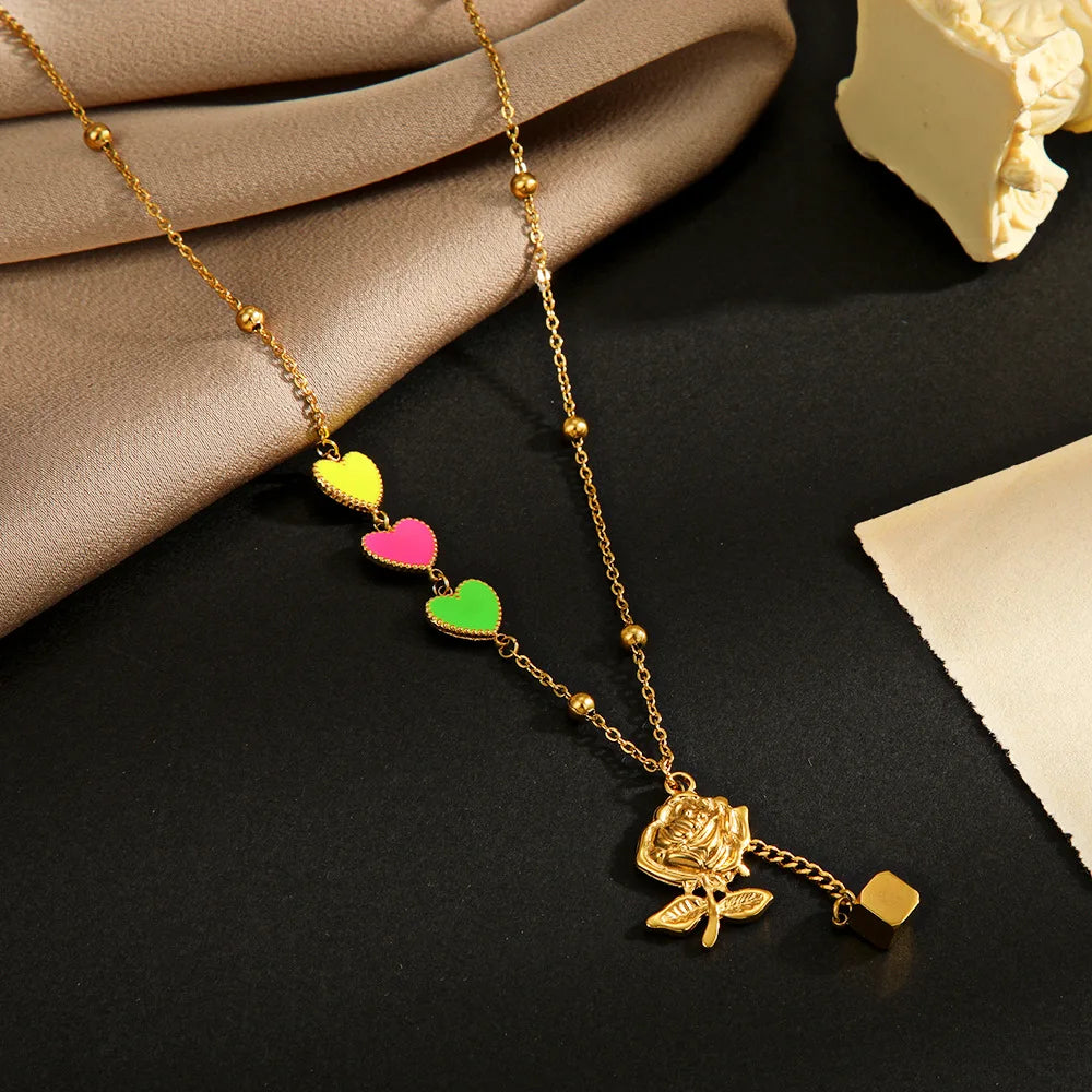 Wholesale Rose Pendant Necklace Enameled Colorful Love Gold Plated Bead Chain Stainless Steel Flower Necklace for Women