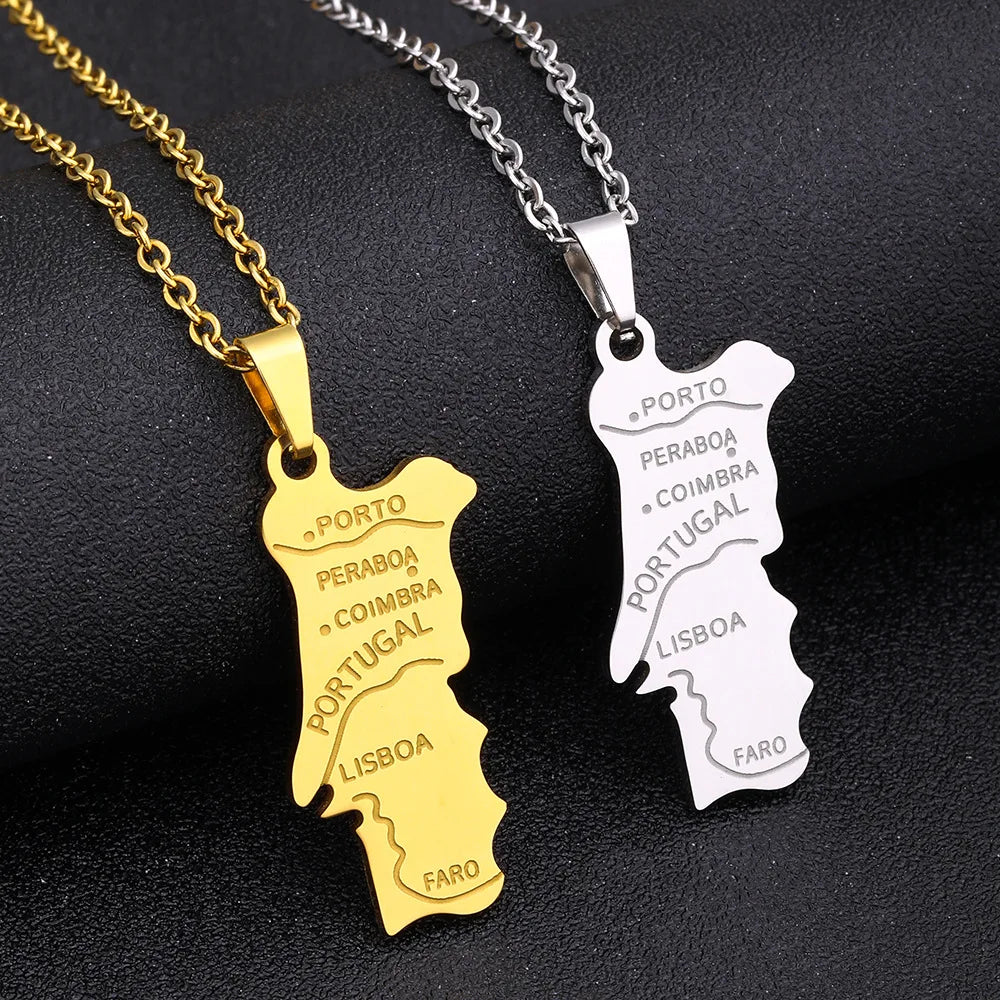 Enameled Portugal Map Chain Necklace Stainless Steel 18K Gold Plated Enamel Portugal City National Flag Map Pendant Necklace