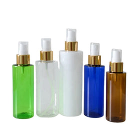 Empty PET 30ml 50ml 60ml 100ml 120ml 250ml Flat Shoulder clear Amber Plastic Spray Bottle with Gold Sliver Pump Sprayer