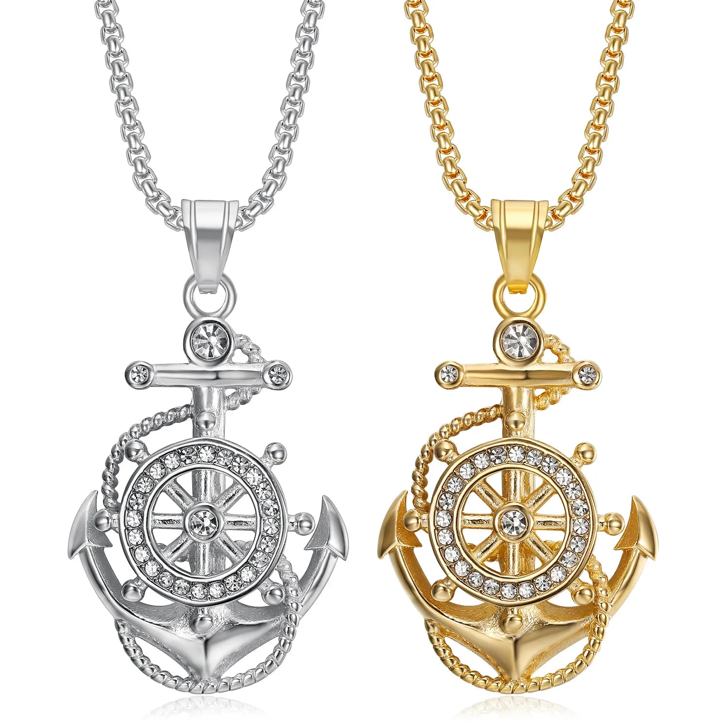 Fashion Men's Jewelry Wholesale Stainless Steel Gold PVD Plated Hip Hop Boat Anchor Crystal Pendant Necklace for Party Gift