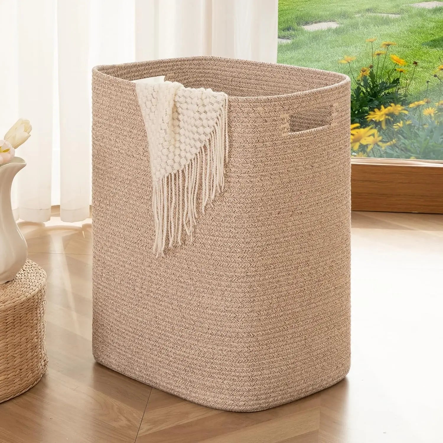 Laundry Hamper Large Woven Rope Tall Laundry Basket With Handles 22X 17X 13 Inch Decorative Storage Basket for Clothes